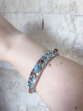Boho Bangle Silver tone Turquoise & Red  Women's Cuff Bracelet jewelry